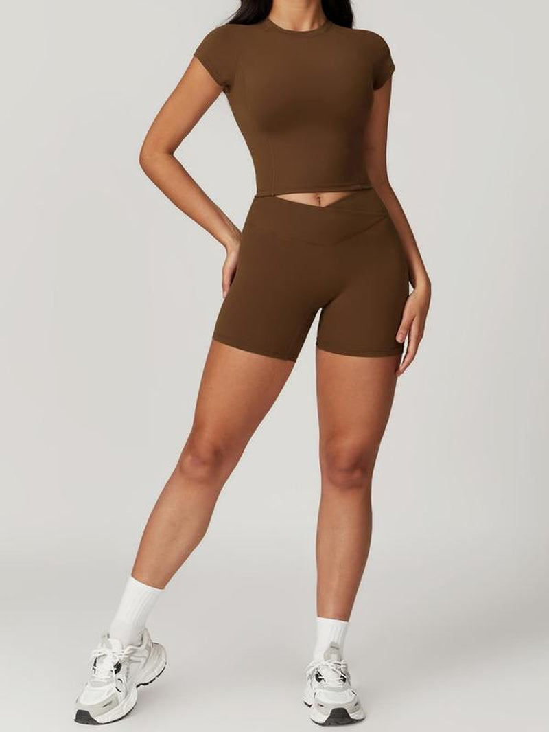 Two-Piece Set Women's Solid Raglan Sleeve Crop Top & High Waist Shorts Tracksuit Set, Athletic Breathable Quick Drying Outfits for Yoga Gym Workout Running, Activewear Jogging Suit Set, Tracksuits Sets, Ladies Jogging Suit Set for All Seasons, Active Sets