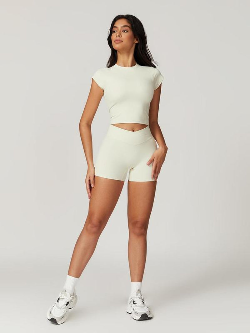 Two-Piece Set Women's Solid Raglan Sleeve Crop Top & High Waist Shorts Tracksuit Set, Athletic Breathable Quick Drying Outfits for Yoga Gym Workout Running, Activewear Jogging Suit Set, Tracksuits Sets, Ladies Jogging Suit Set for All Seasons, Active Sets