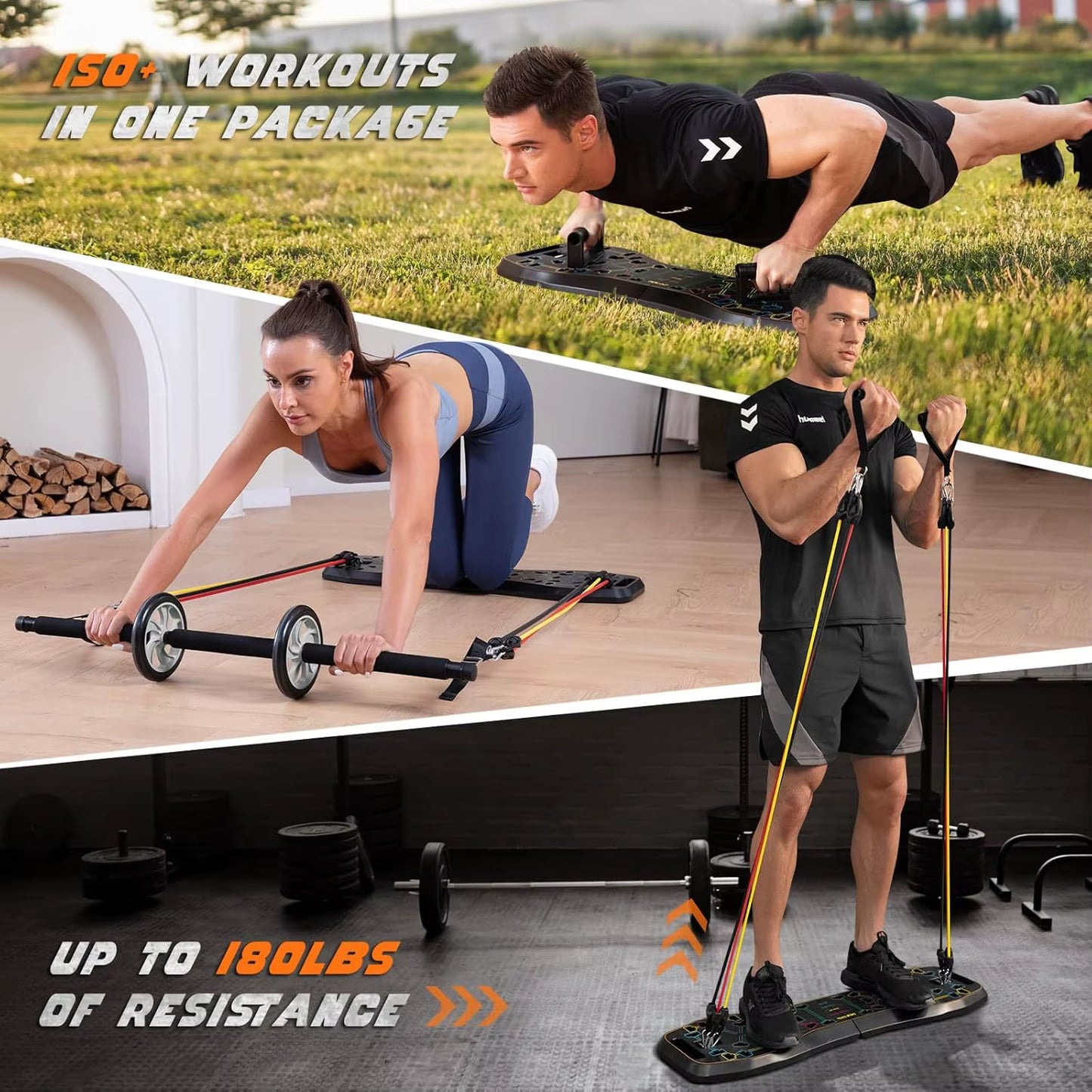 Portable Home Gym System: Large Compact Push up Board, Pilates Bar & 20 Fitness Accessories with Resistance Bands Ab Roller Whee