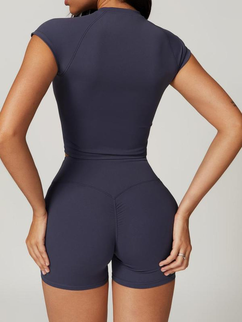 Two-Piece Set Women's Solid Raglan Sleeve Crop Top & High Waist Shorts Tracksuit Set, Athletic Breathable Quick Drying Outfits for Yoga Gym Workout Running, Activewear Jogging Suit Set, Tracksuits Sets, Ladies Jogging Suit Set for All Seasons, Active Sets